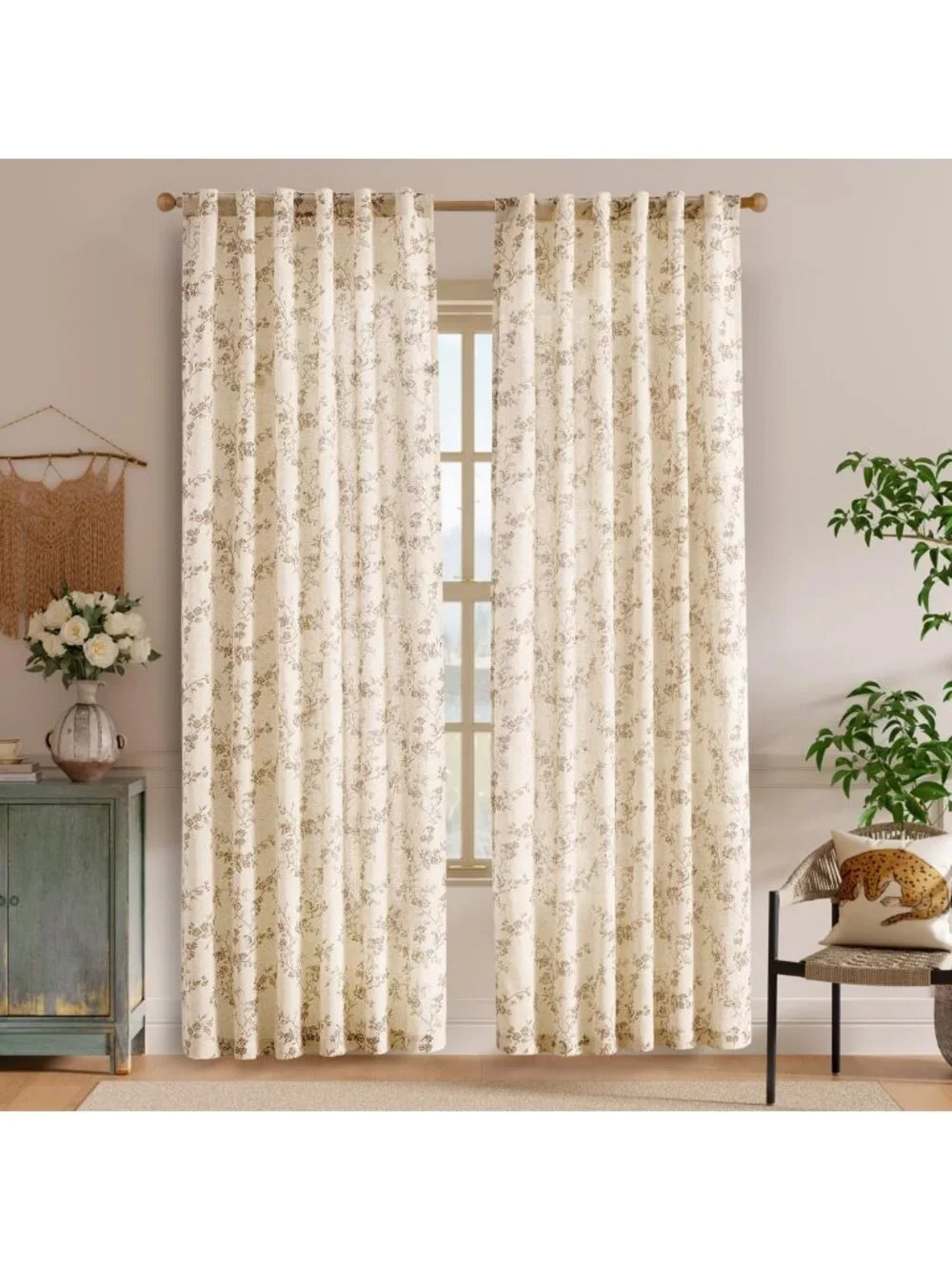 90 Inch Taupe Floral Linen Curtains - Vintage Light Filtering Drapes, 2 Panels